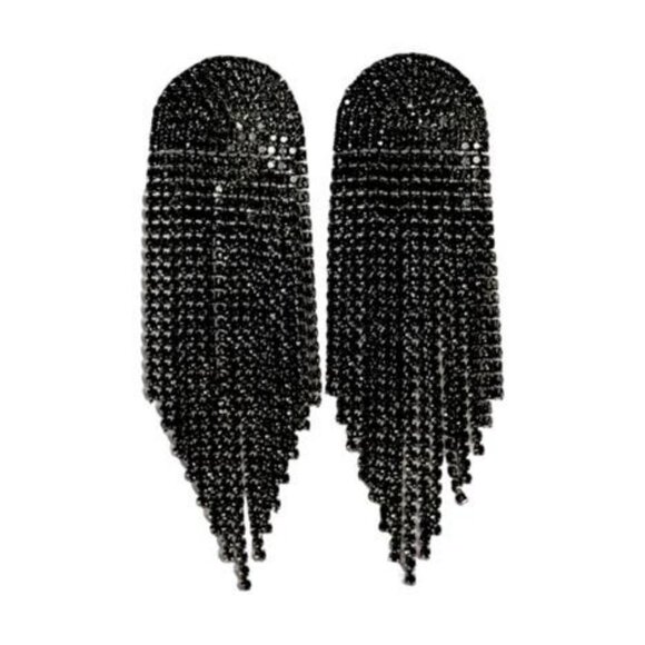 Black Earrings Tassel Rhinestone Earrings Dangle Drop Long Bridal Prom Jewelry - Picture 1 of 4